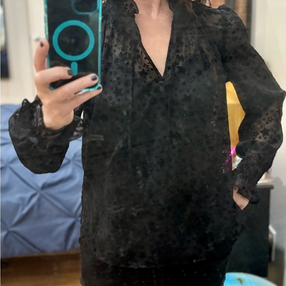 LOFT Black Ruffled Long Sleeve Blouse